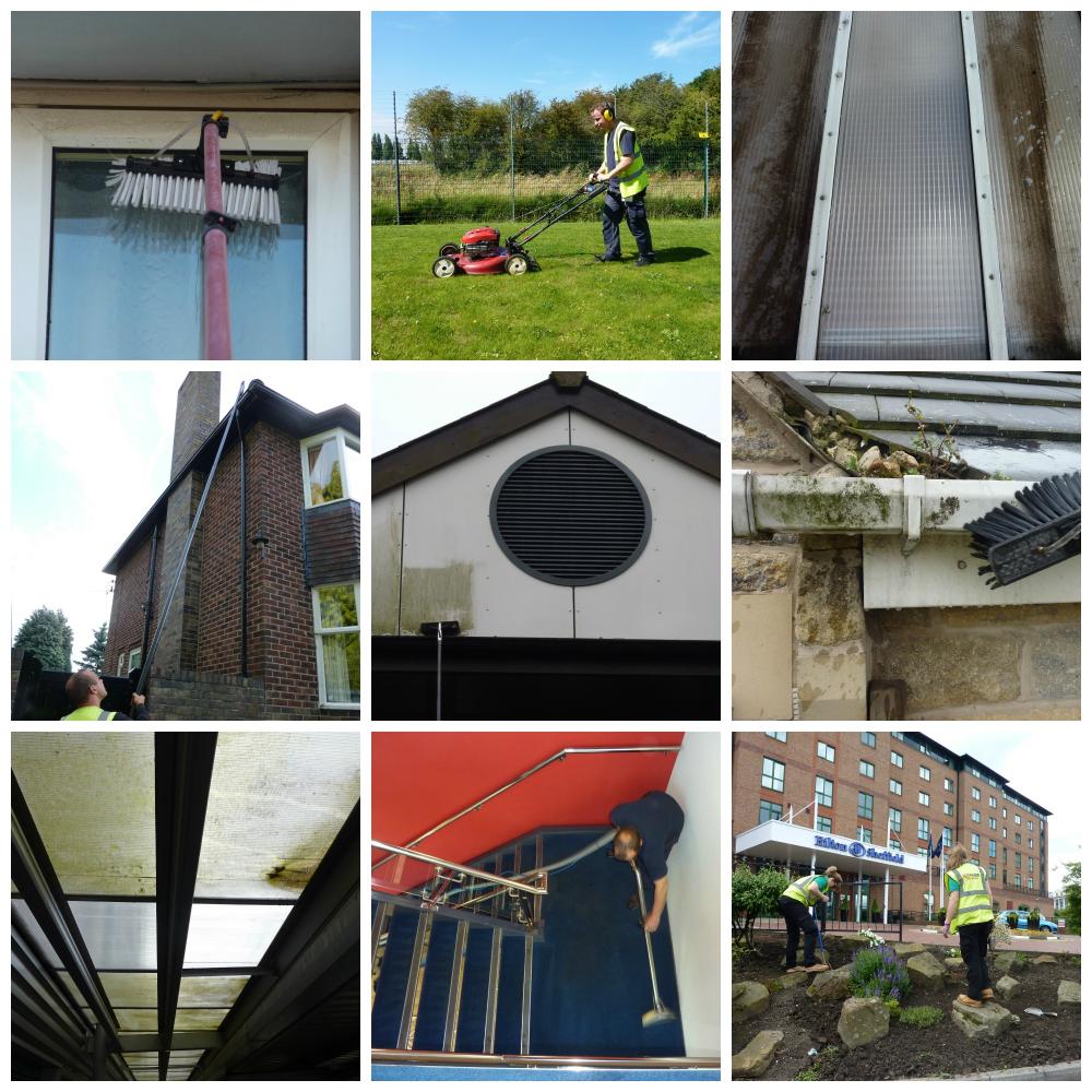 A picture displaying all the jobs that adept cleaning services take part in. A man cutting grass, window cleaned, soft washing, cladding cleaning and gutter cleaning
